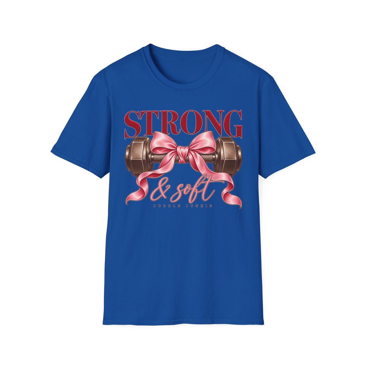 Strong & Soft T-Shirt — Dumbbell Graphic with Pink Ribbon (Fitness Gift)