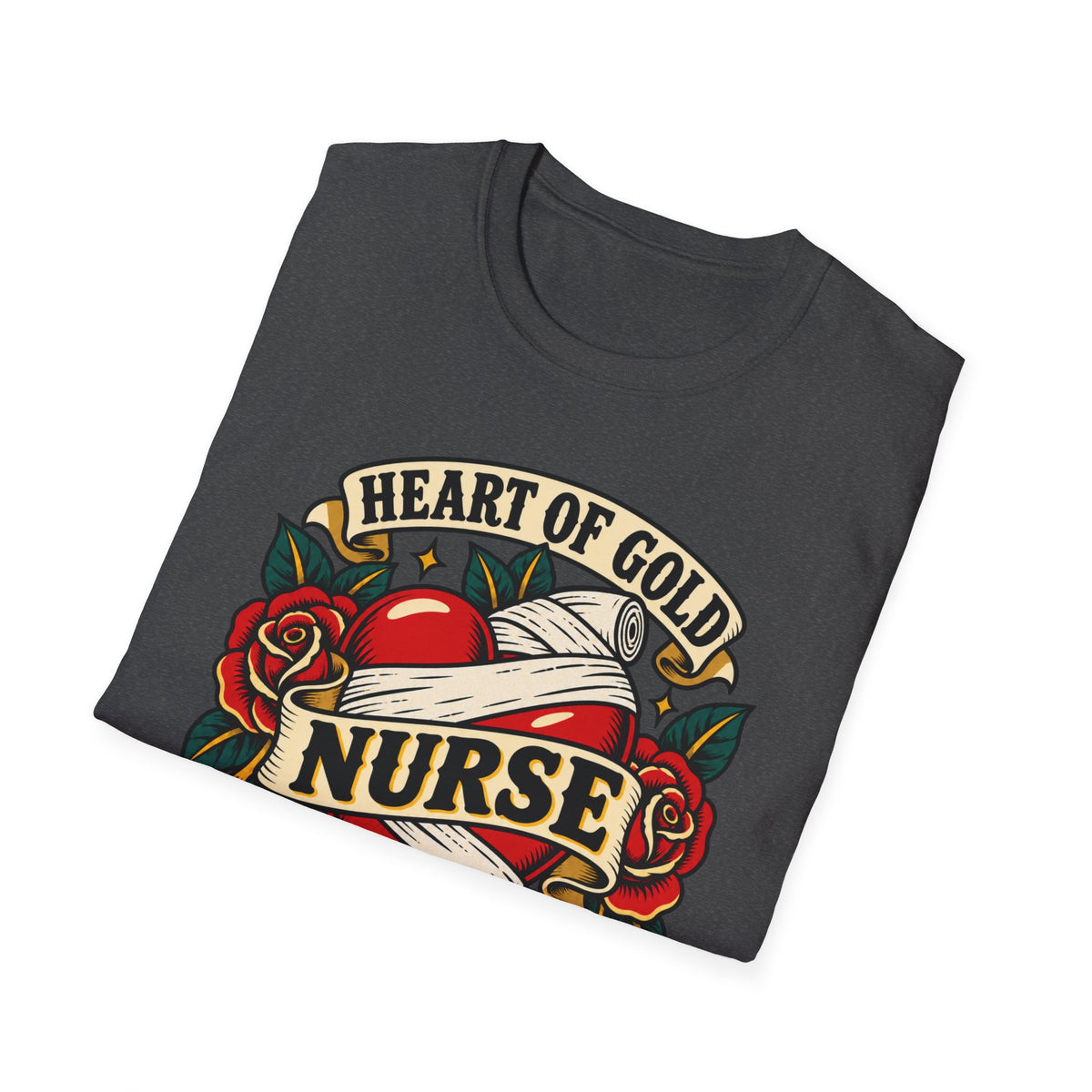 Nurse Tattoo Heart T-Shirt — "Heart of Gold, Nerves of Steel" Retro Nursing Tee