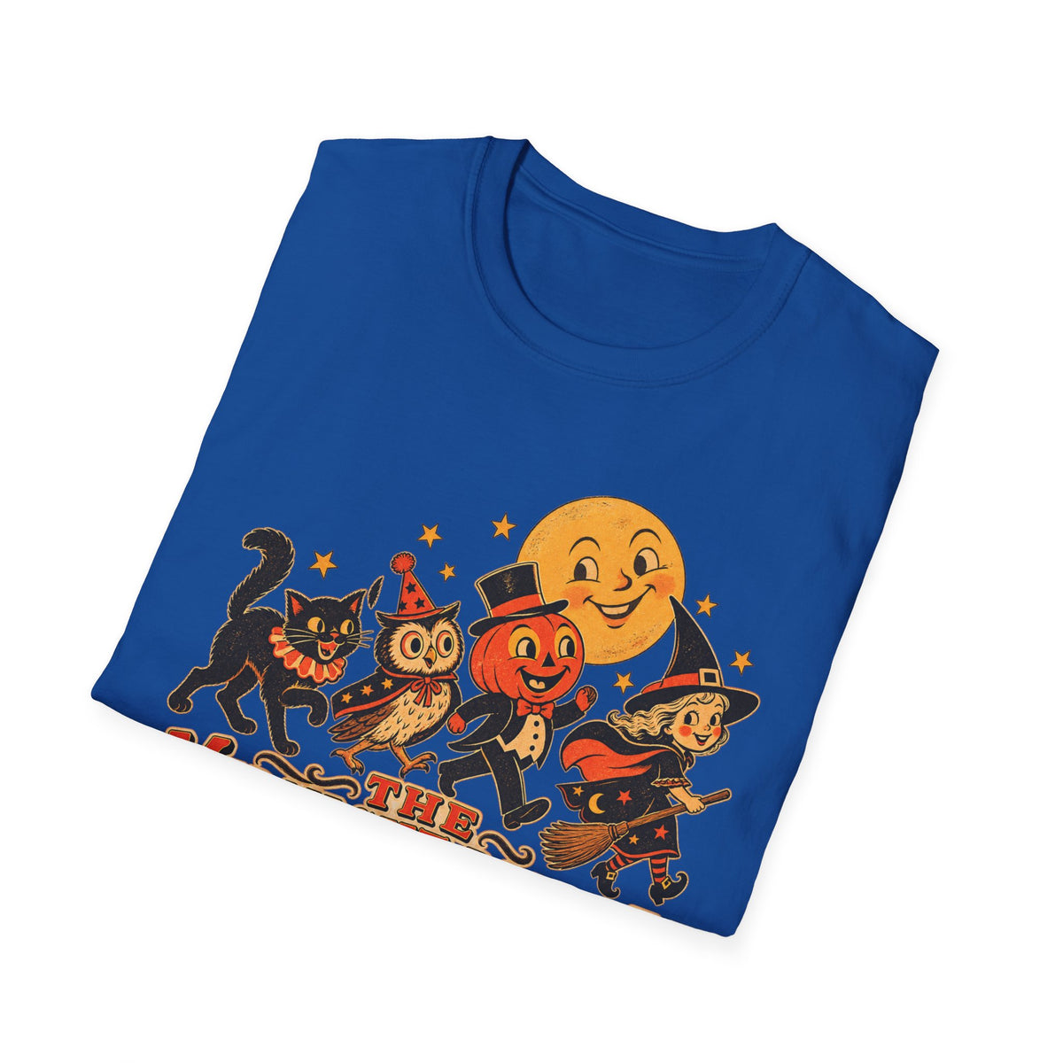 Midnight Parade Halloween T-Shirt — Retro Pumpkin, Witch & Black Cat Graphic