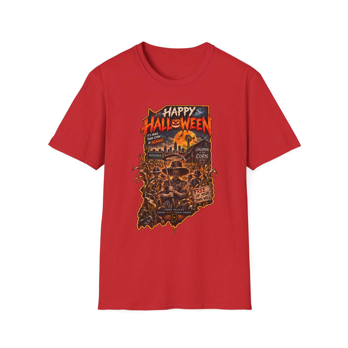 Happy Halloween Retro Tee — Moonlit Skull & Pumpkin Graveyard
