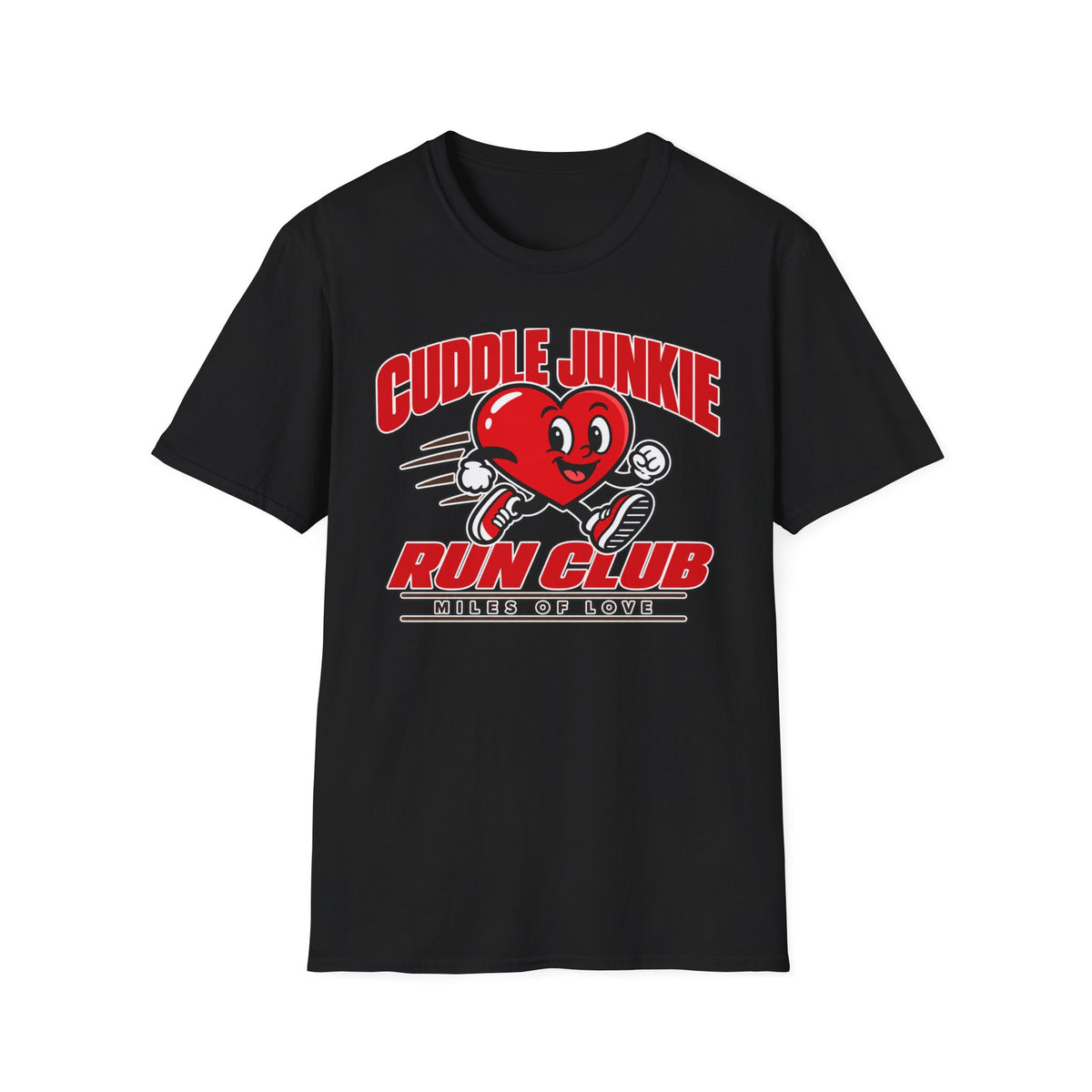 Cuddle Junkie Run Club T-Shirt — Retro Heart Runner Graphic Tee