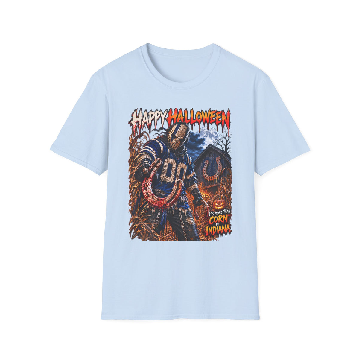 Halloween Scarecrow T-Shirt — "Happy Halloween" Cornfield Nightmare Tee