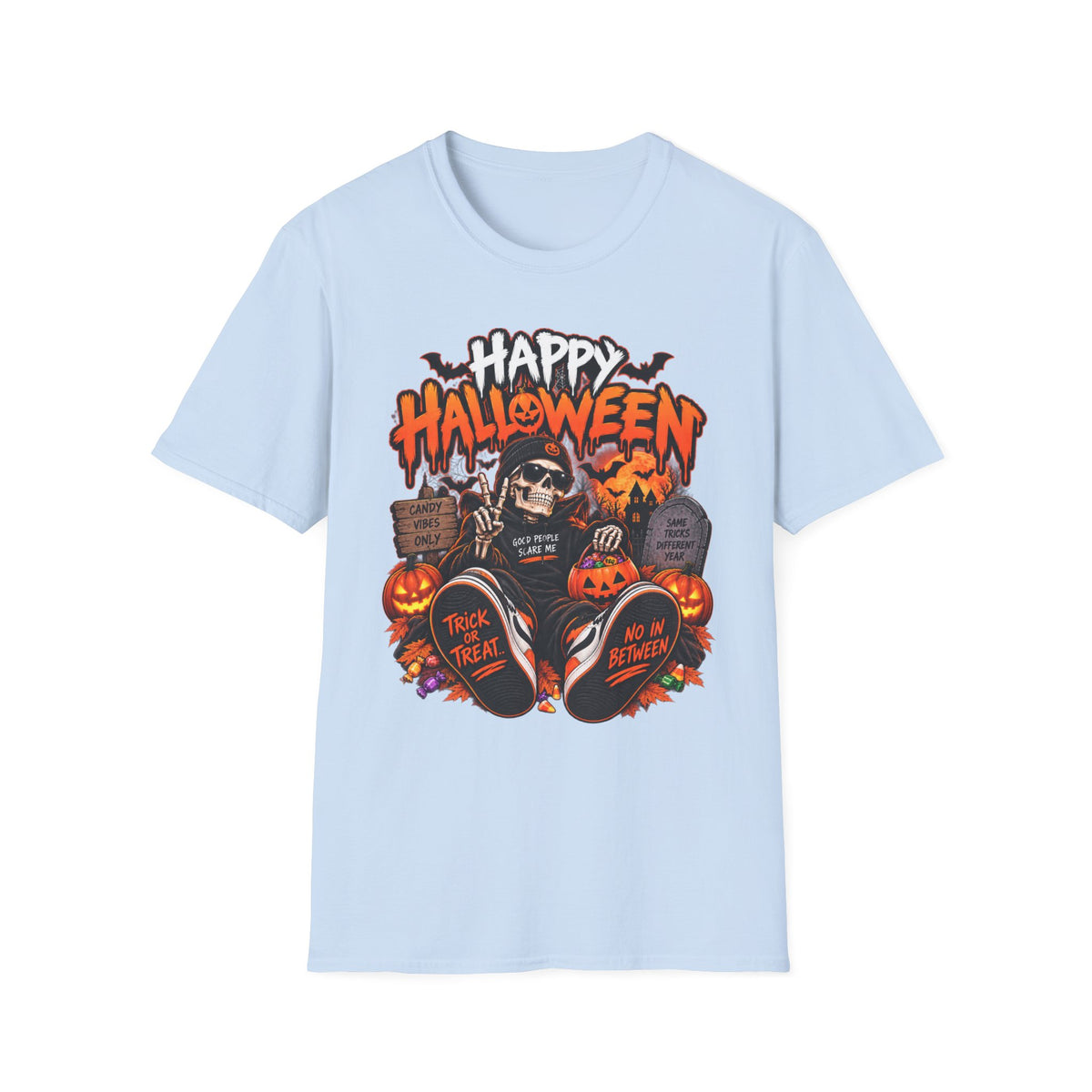 Happy Halloween Skeleton T-Shirt — Trick or Treat Pumpkin Graphic Tee