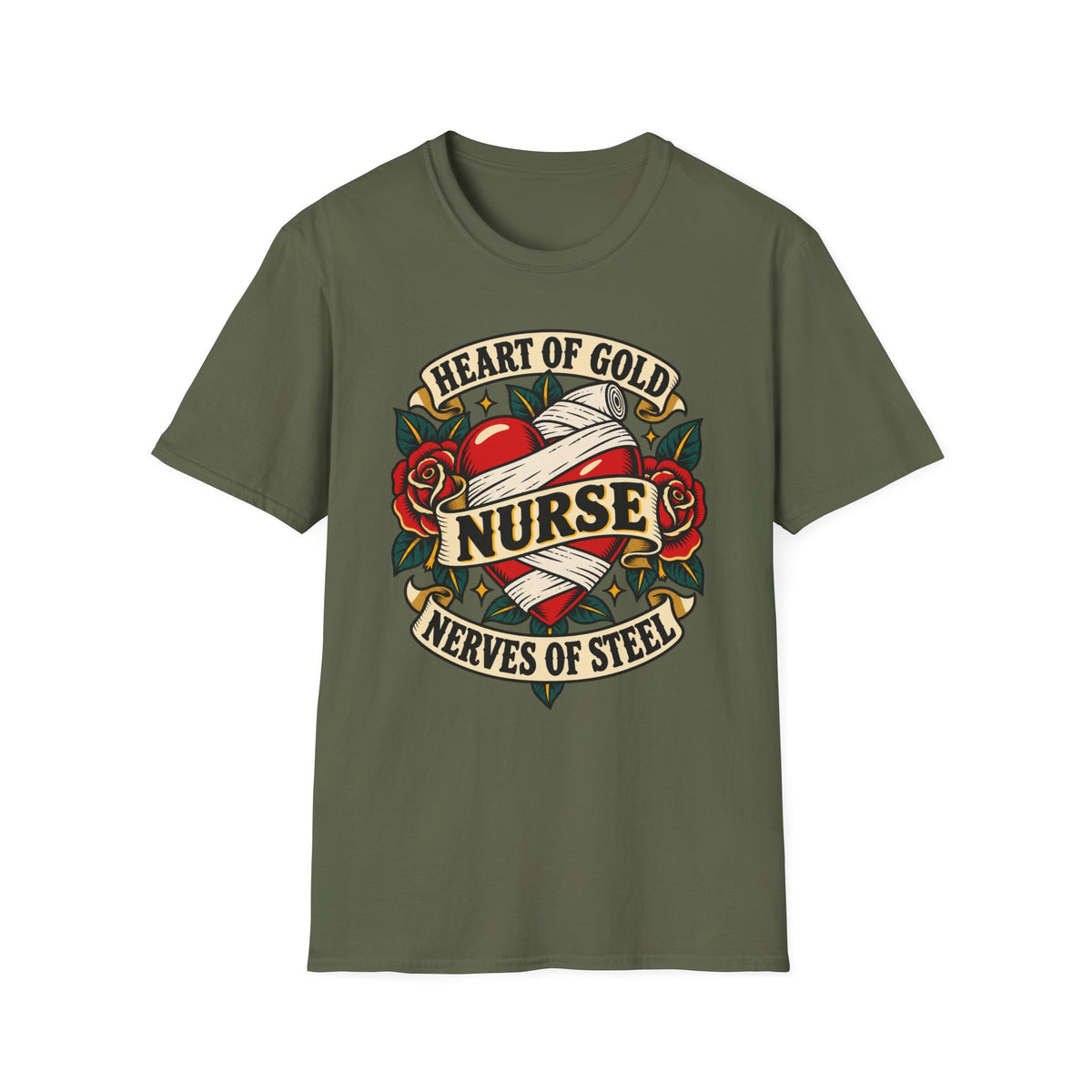 Nurse Tattoo Heart T-Shirt — "Heart of Gold, Nerves of Steel" Retro Nursing Tee