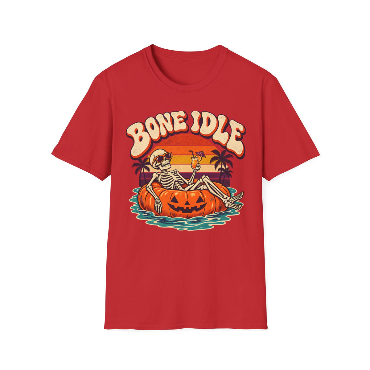 Bone Idle Skeleton Pumpkin T-Shirt — Retro Halloween Vacation Vibe