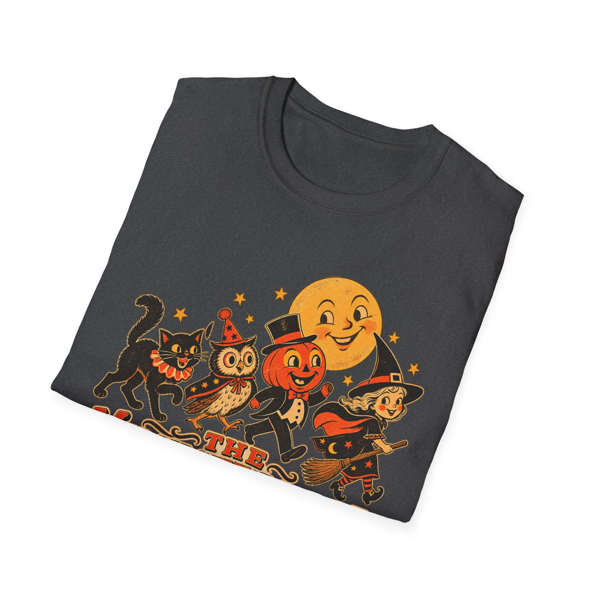 Midnight Parade Halloween T-Shirt — Retro Pumpkin, Witch & Black Cat Graphic