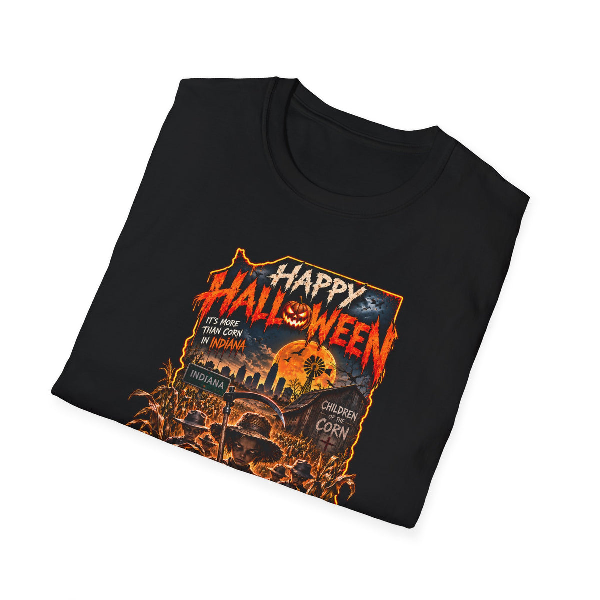 Happy Halloween Retro Tee — Moonlit Skull & Pumpkin Graveyard