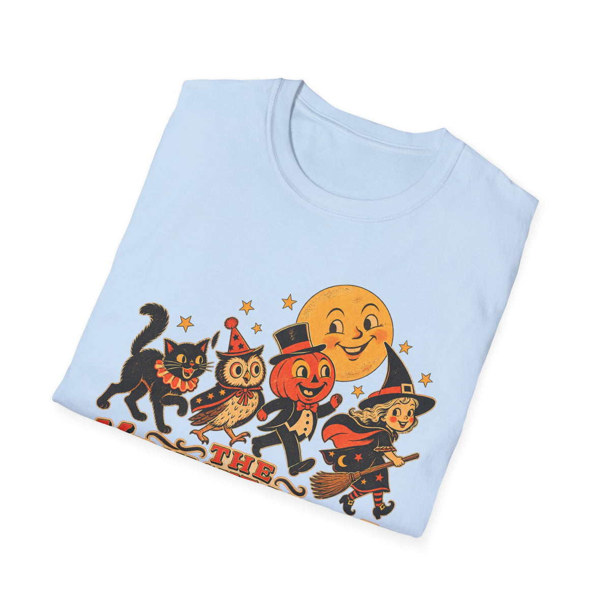Midnight Parade Halloween T-Shirt — Retro Pumpkin, Witch & Black Cat Graphic