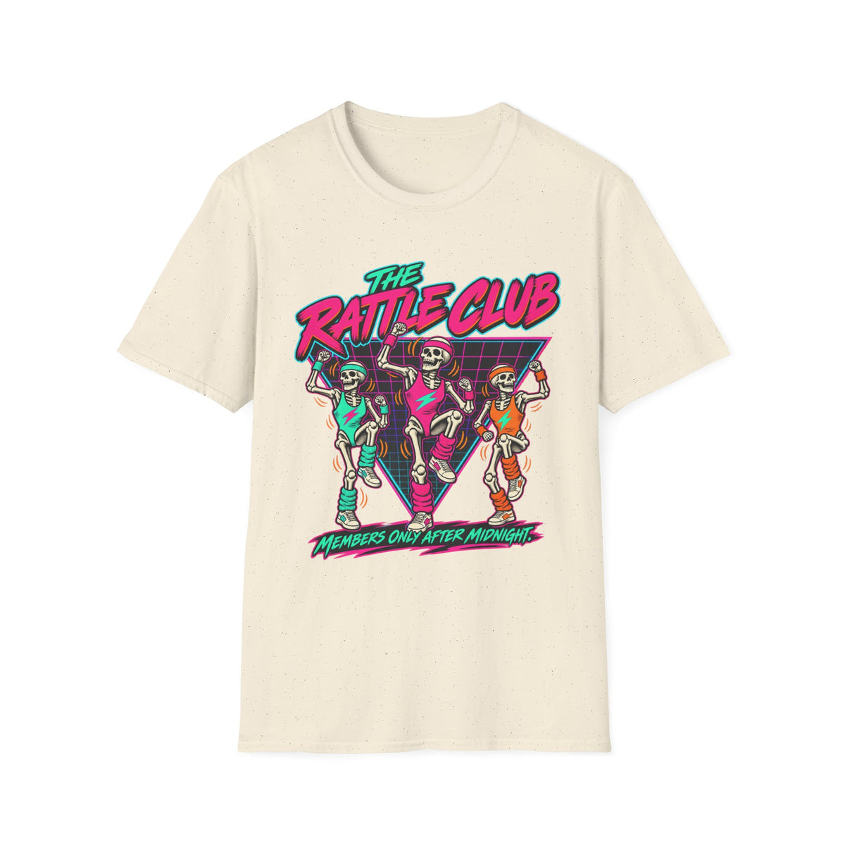 The Rattle Club T-Shirt — Retro Neon Skeletons "Members Only After Midnight"