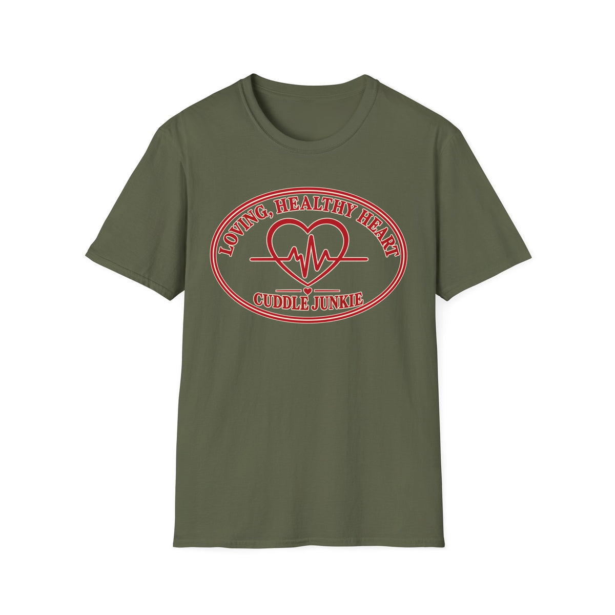 Cuddle Junkie T‑Shirt — "Loving, Healthy Heart" Heartbeat Graphic