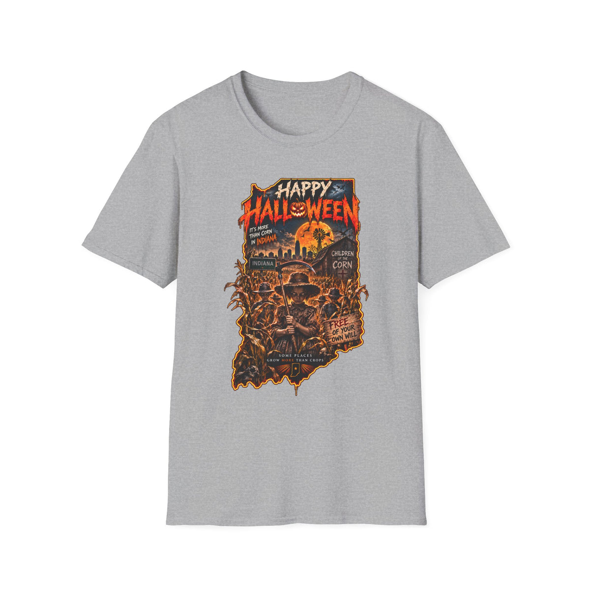 Happy Halloween Retro Tee — Moonlit Skull & Pumpkin Graveyard