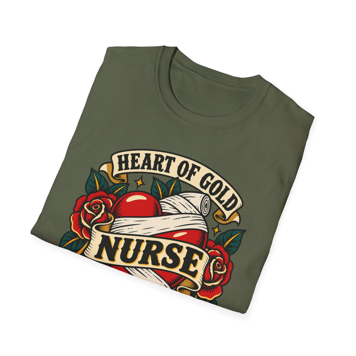 Nurse Tattoo Heart T-Shirt — "Heart of Gold, Nerves of Steel" Retro Nursing Tee