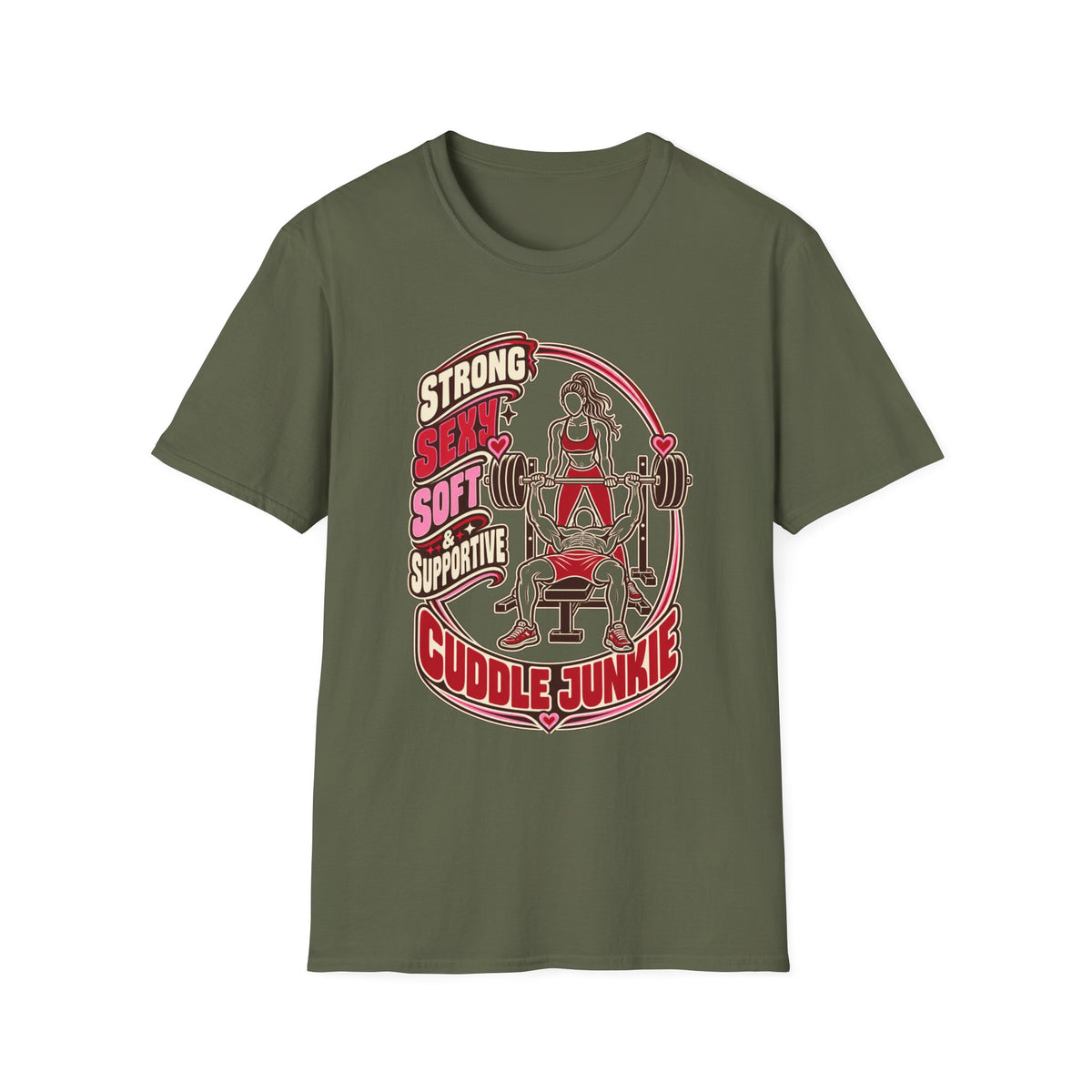 Cuddle Junkie Weightlifting T-Shirt — "Strong, Seesaw, Soft, Supportive" Gym Tee