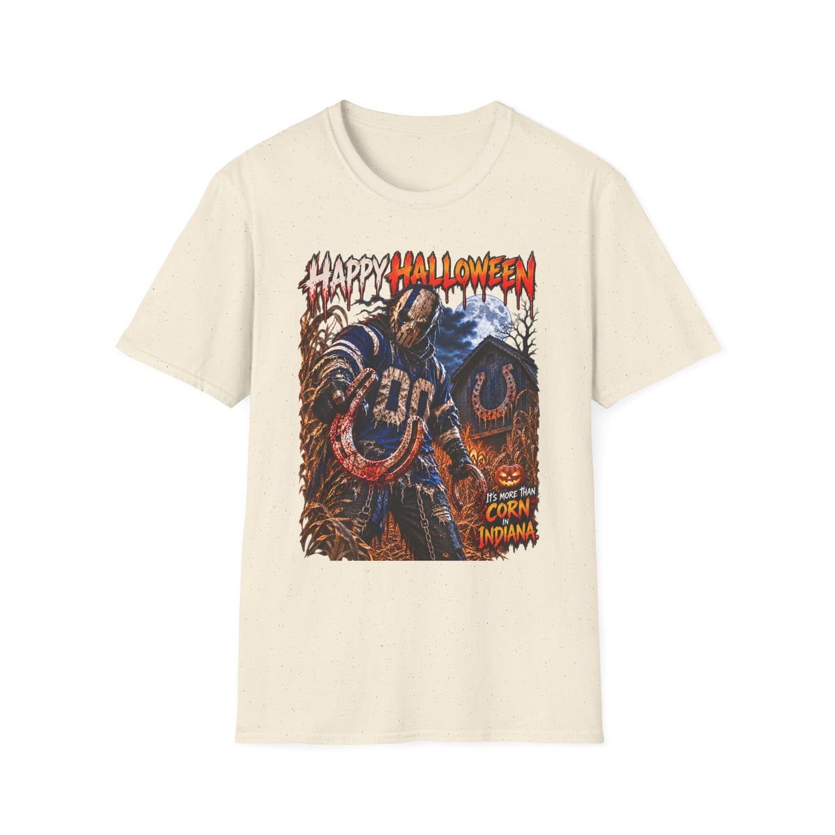 Halloween Scarecrow T-Shirt — "Happy Halloween" Cornfield Nightmare Tee