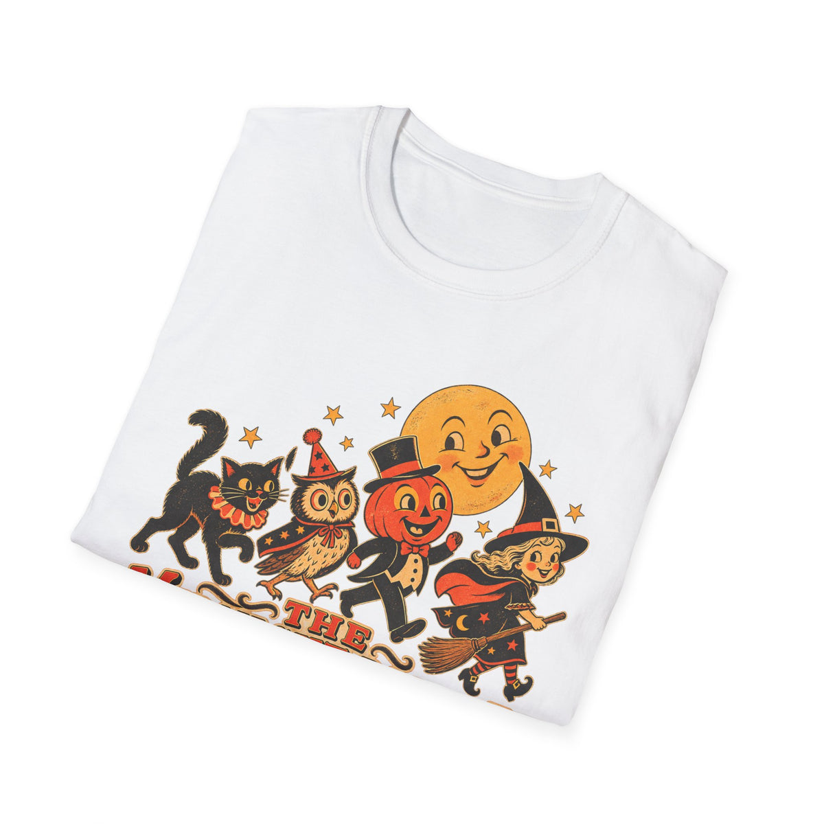 Midnight Parade Halloween T-Shirt — Retro Pumpkin, Witch & Black Cat Graphic