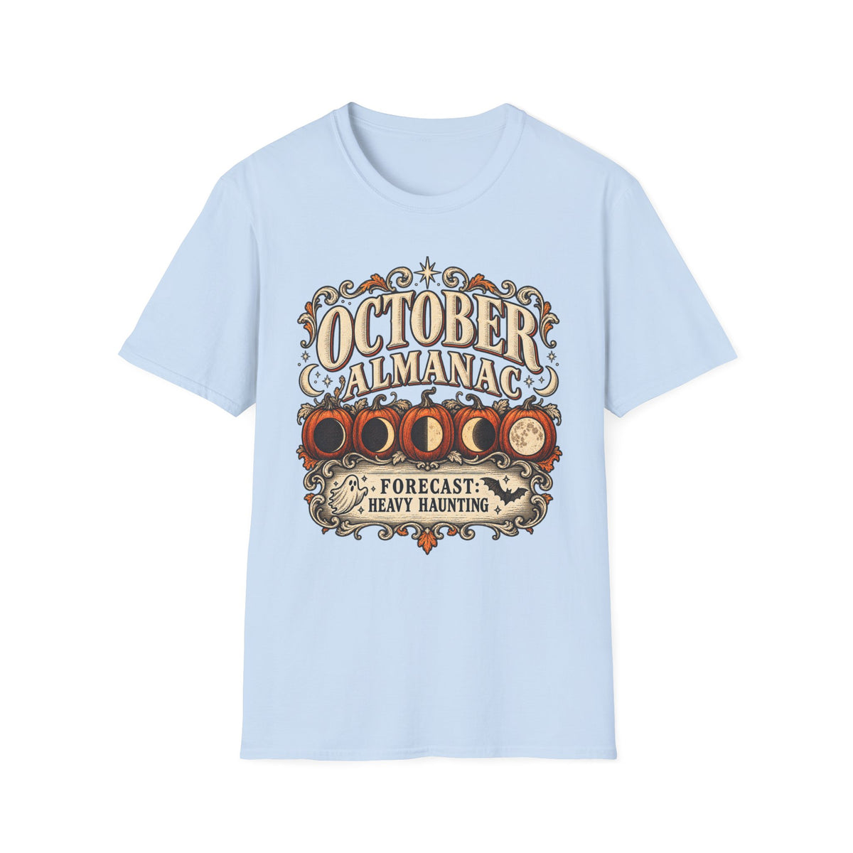 October Almanac T-Shirt — "Forecast: Heavy Haunting" Vintage Halloween Tee