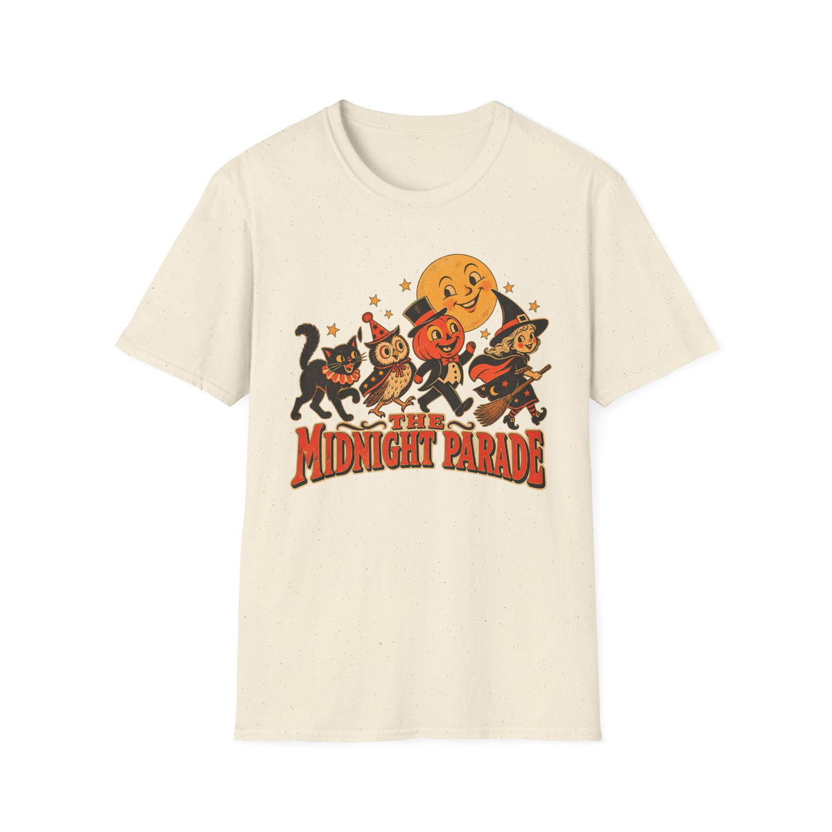 Midnight Parade Halloween T-Shirt — Retro Pumpkin, Witch & Black Cat Graphic