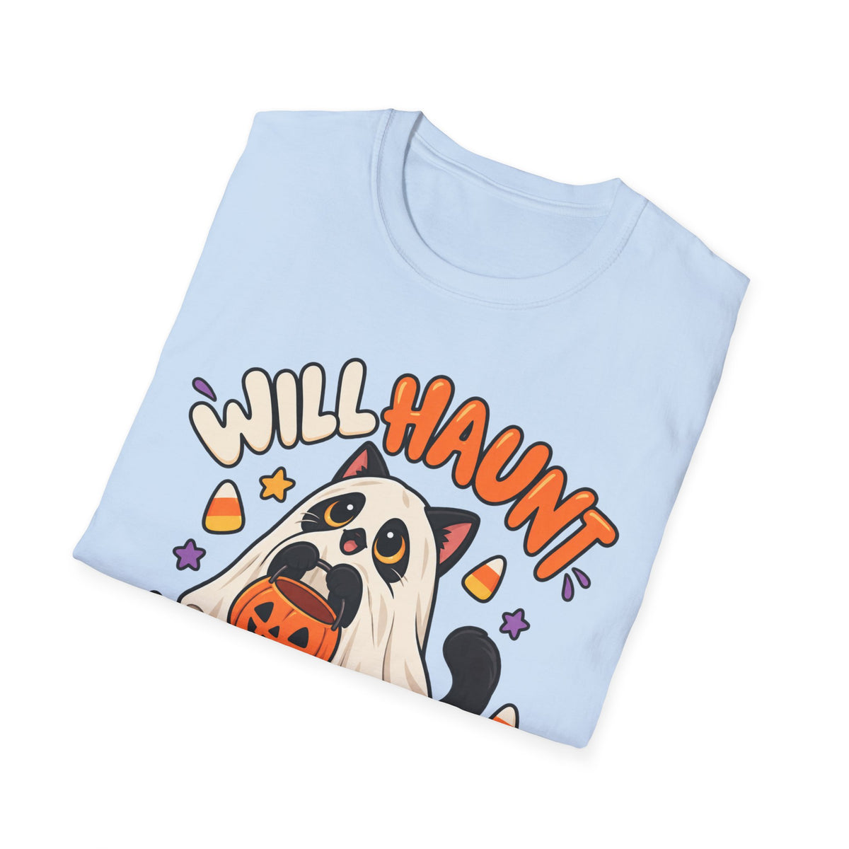 Halloween Ghost T-Shirt — "Will Haunt for Snacks" Cute Candy Costume Tee