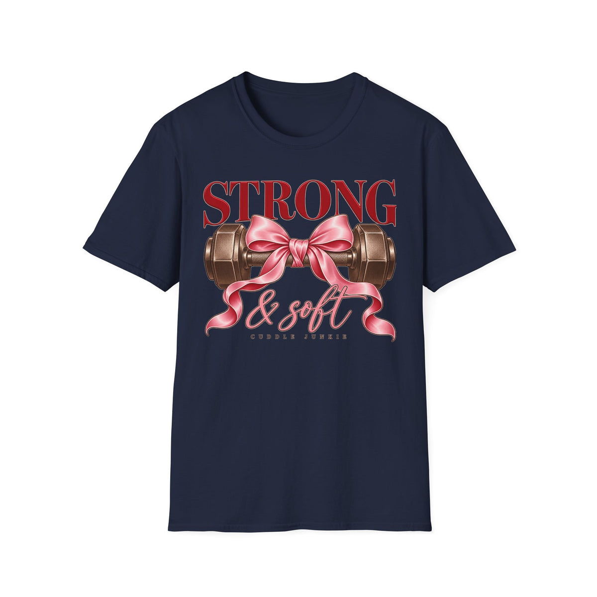 Strong & Soft T-Shirt — Dumbbell Graphic with Pink Ribbon (Fitness Gift)
