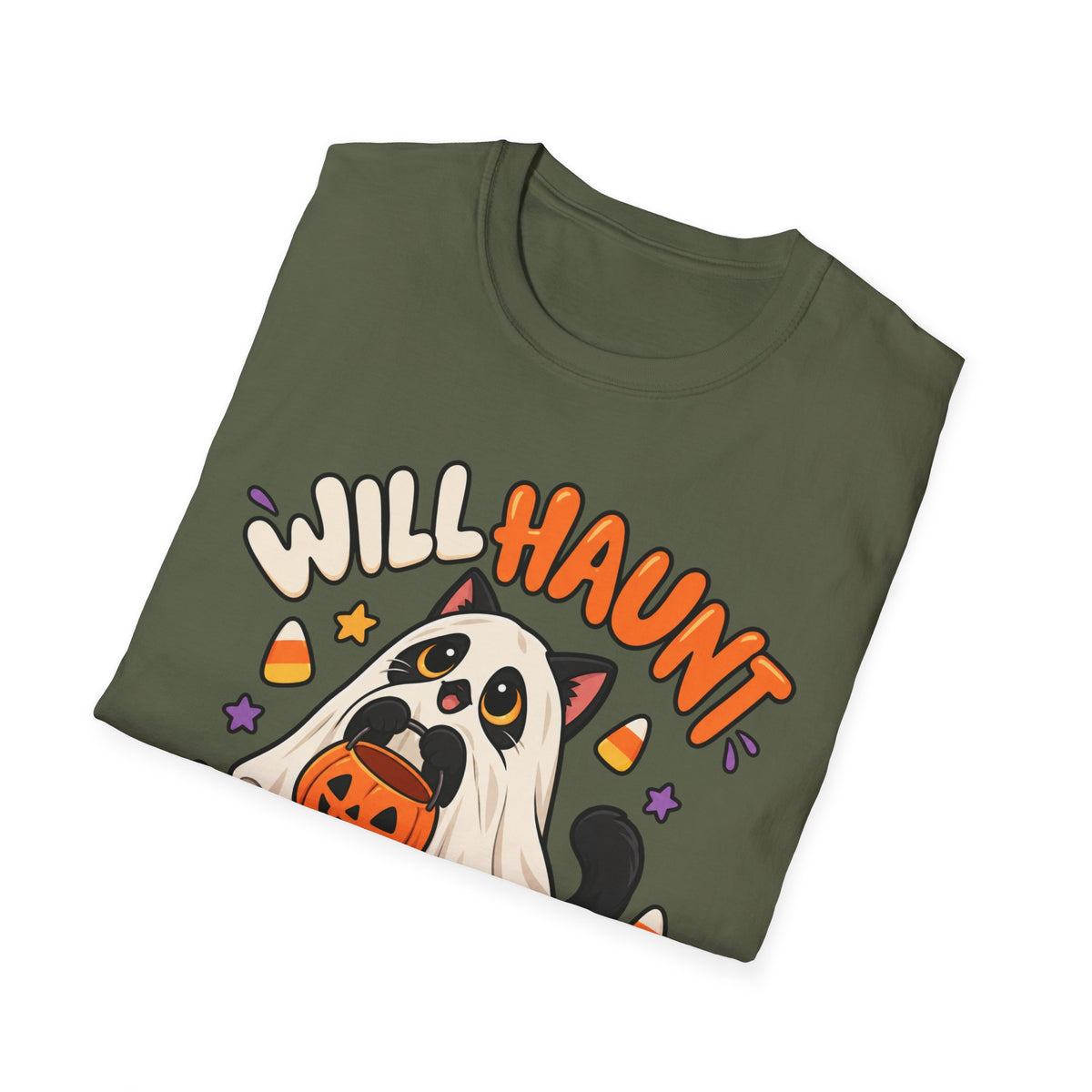 Halloween Ghost T-Shirt — "Will Haunt for Snacks" Cute Candy Costume Tee