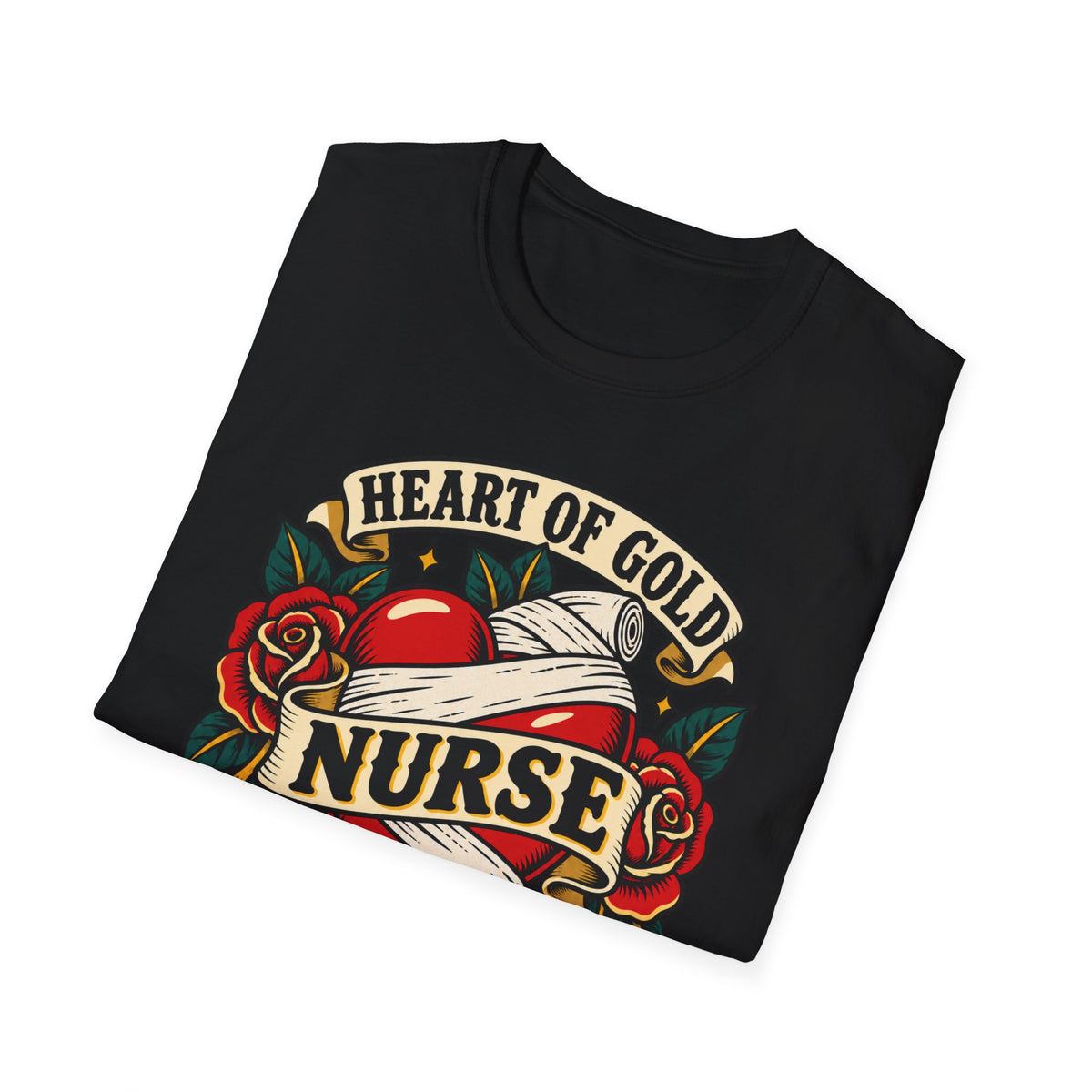 Nurse Tattoo Heart T-Shirt — "Heart of Gold, Nerves of Steel" Retro Nursing Tee
