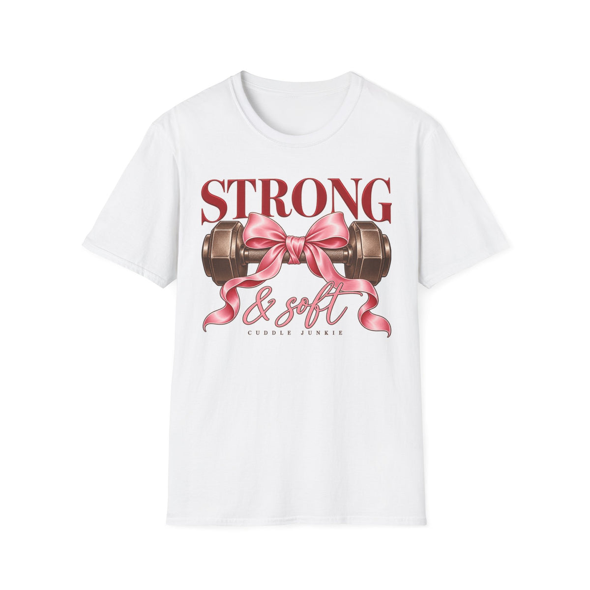 Strong & Soft T-Shirt — Dumbbell Graphic with Pink Ribbon (Fitness Gift)