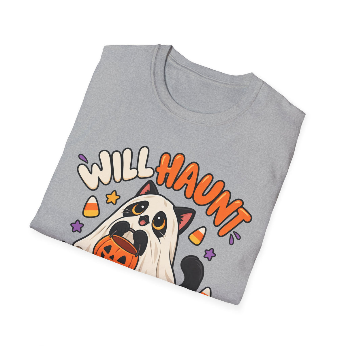 Halloween Ghost T-Shirt — "Will Haunt for Snacks" Cute Candy Costume Tee