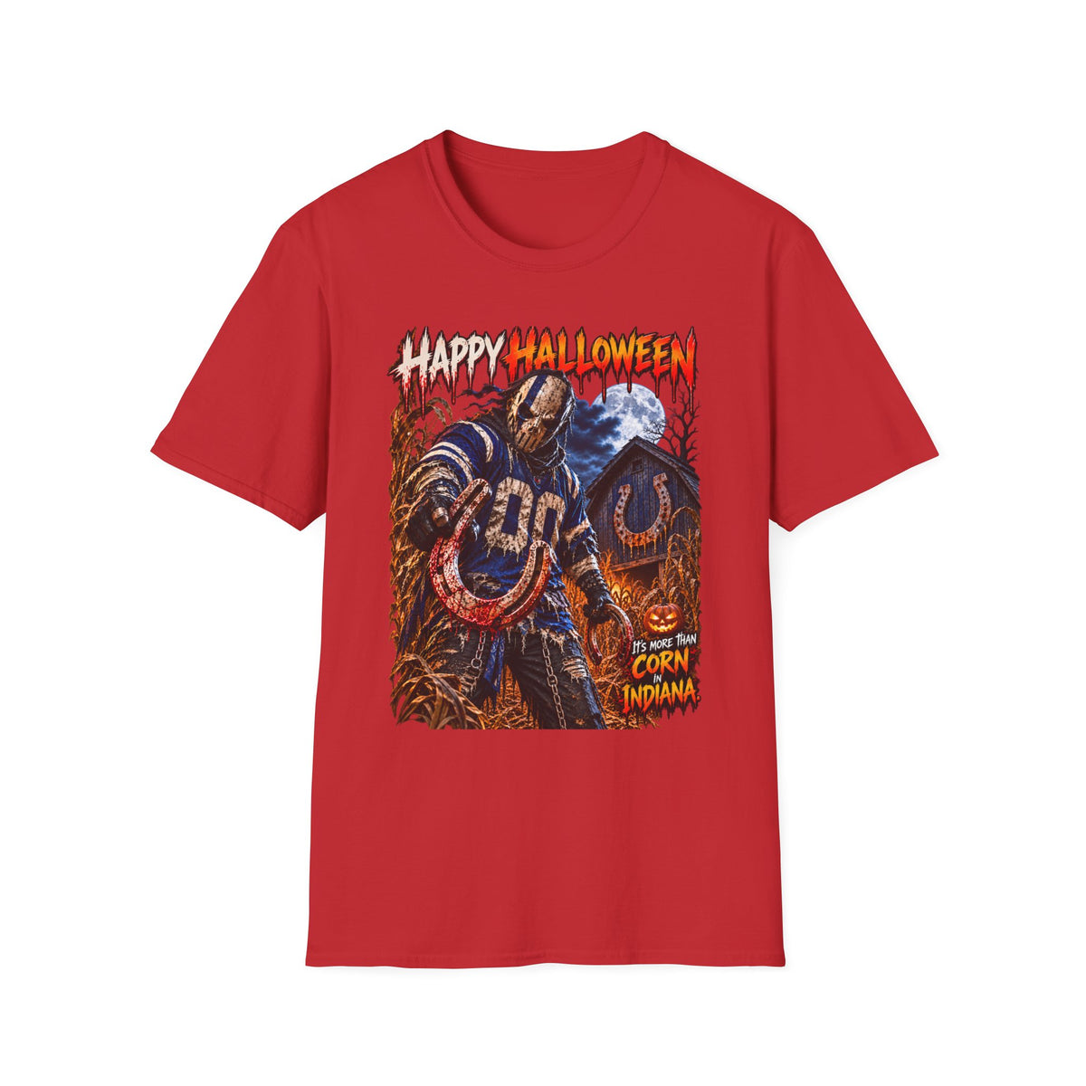 Halloween Scarecrow T-Shirt — "Happy Halloween" Cornfield Nightmare Tee