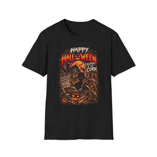 Happy Halloween Cornfield T-Shirt – Vintage Pumpkin & Scarecrow Horror Tee
