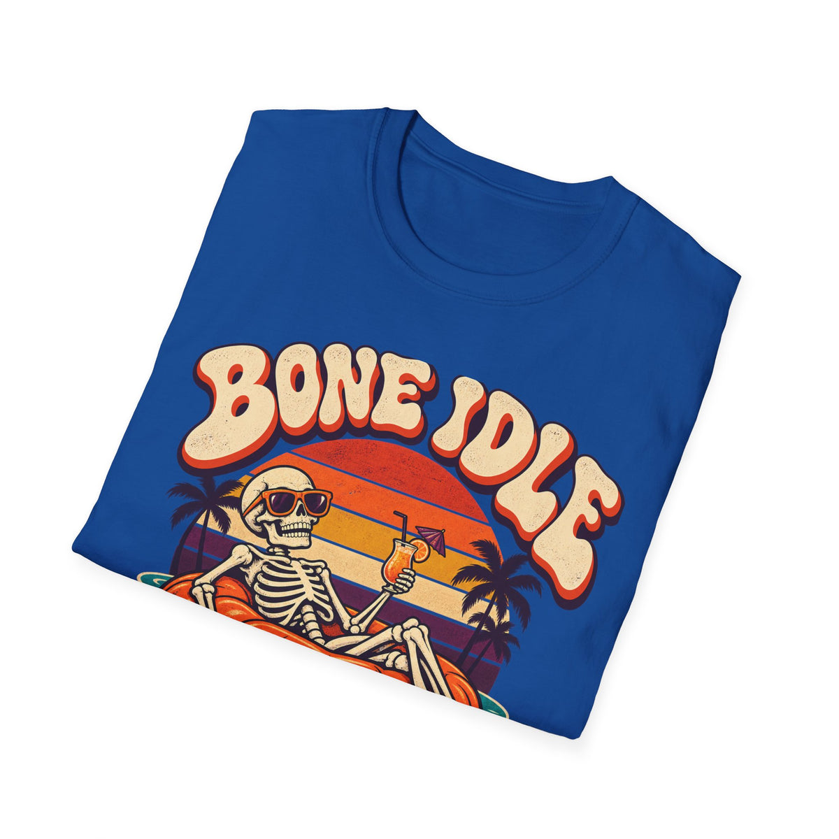 Bone Idle Skeleton Pumpkin T-Shirt — Retro Halloween Vacation Vibe