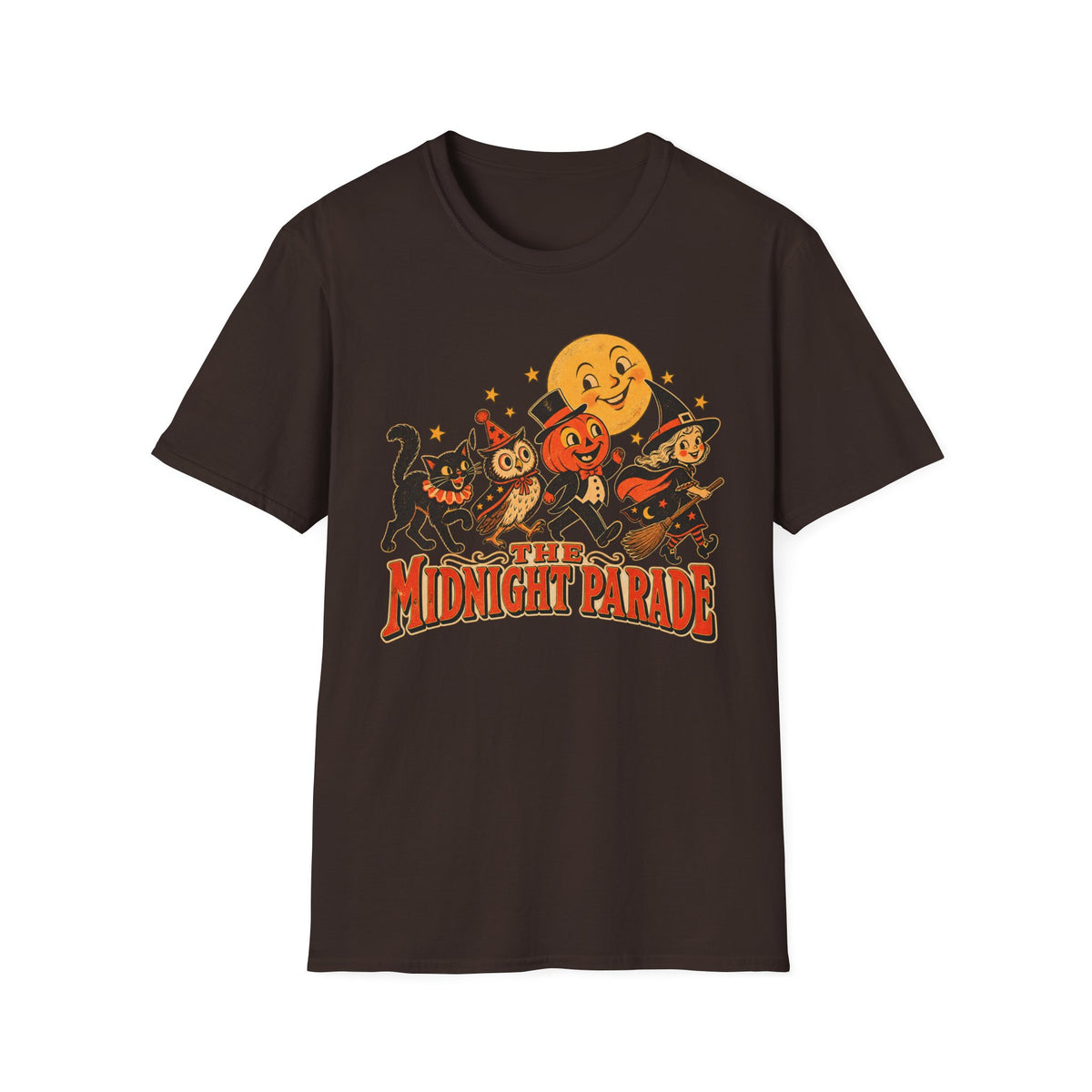Midnight Parade Halloween T-Shirt — Retro Pumpkin, Witch & Black Cat Graphic