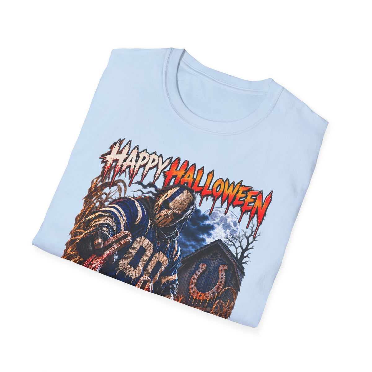 Halloween Scarecrow T-Shirt — "Happy Halloween" Cornfield Nightmare Tee