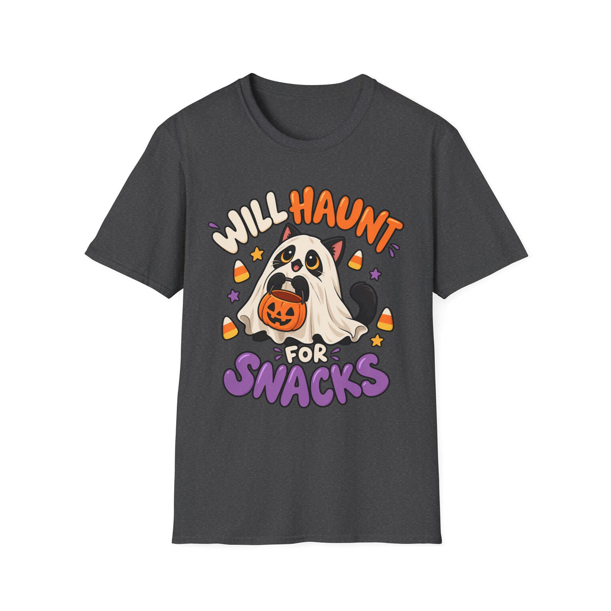 Halloween Ghost T-Shirt — "Will Haunt for Snacks" Cute Candy Costume Tee
