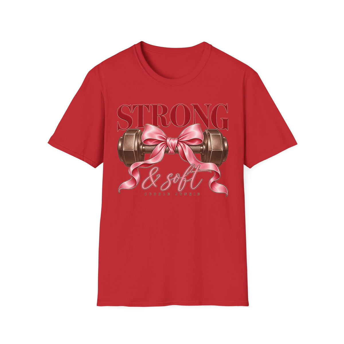 Strong & Soft T-Shirt — Dumbbell Graphic with Pink Ribbon (Fitness Gift)