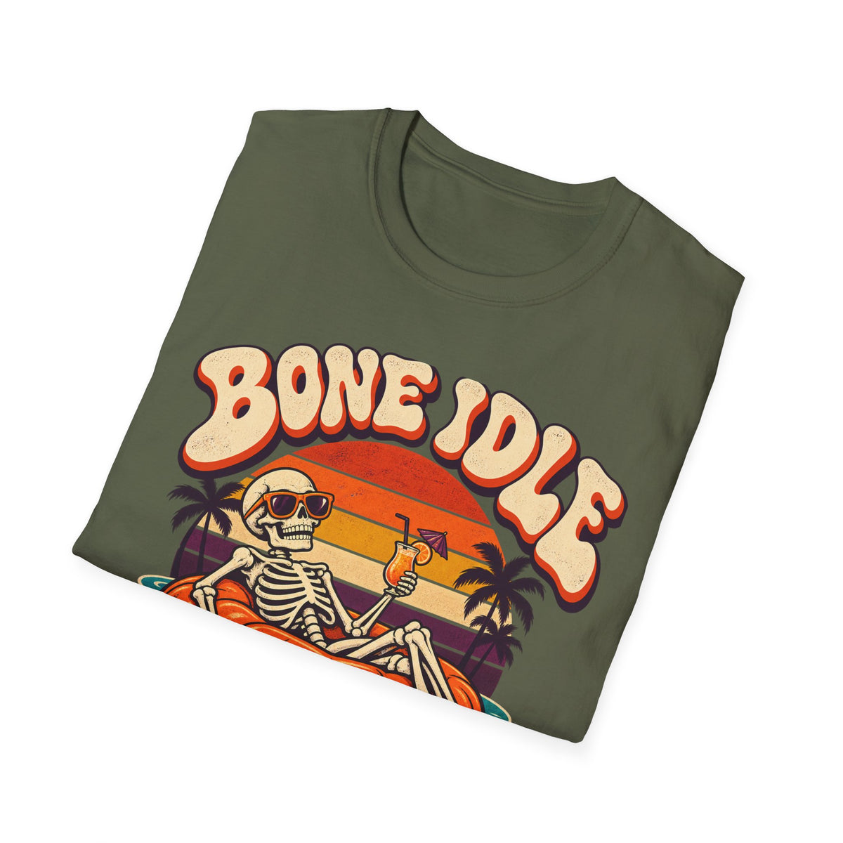 Bone Idle Skeleton Pumpkin T-Shirt — Retro Halloween Vacation Vibe