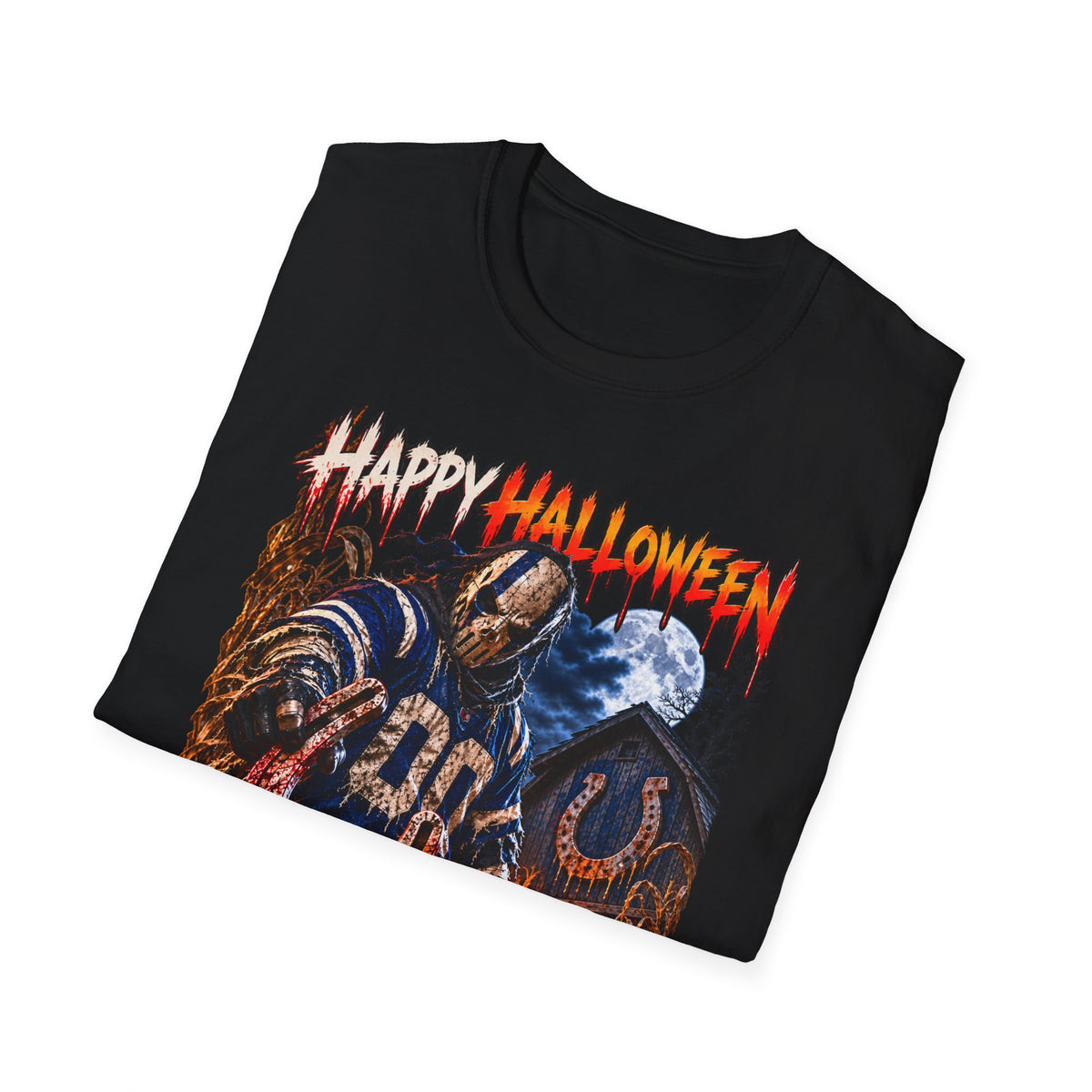 Halloween Scarecrow T-Shirt — "Happy Halloween" Cornfield Nightmare Tee