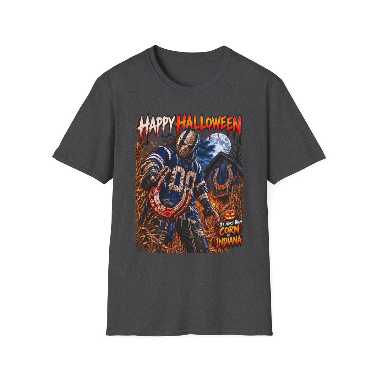 Halloween Scarecrow T-Shirt — "Happy Halloween" Cornfield Nightmare Tee