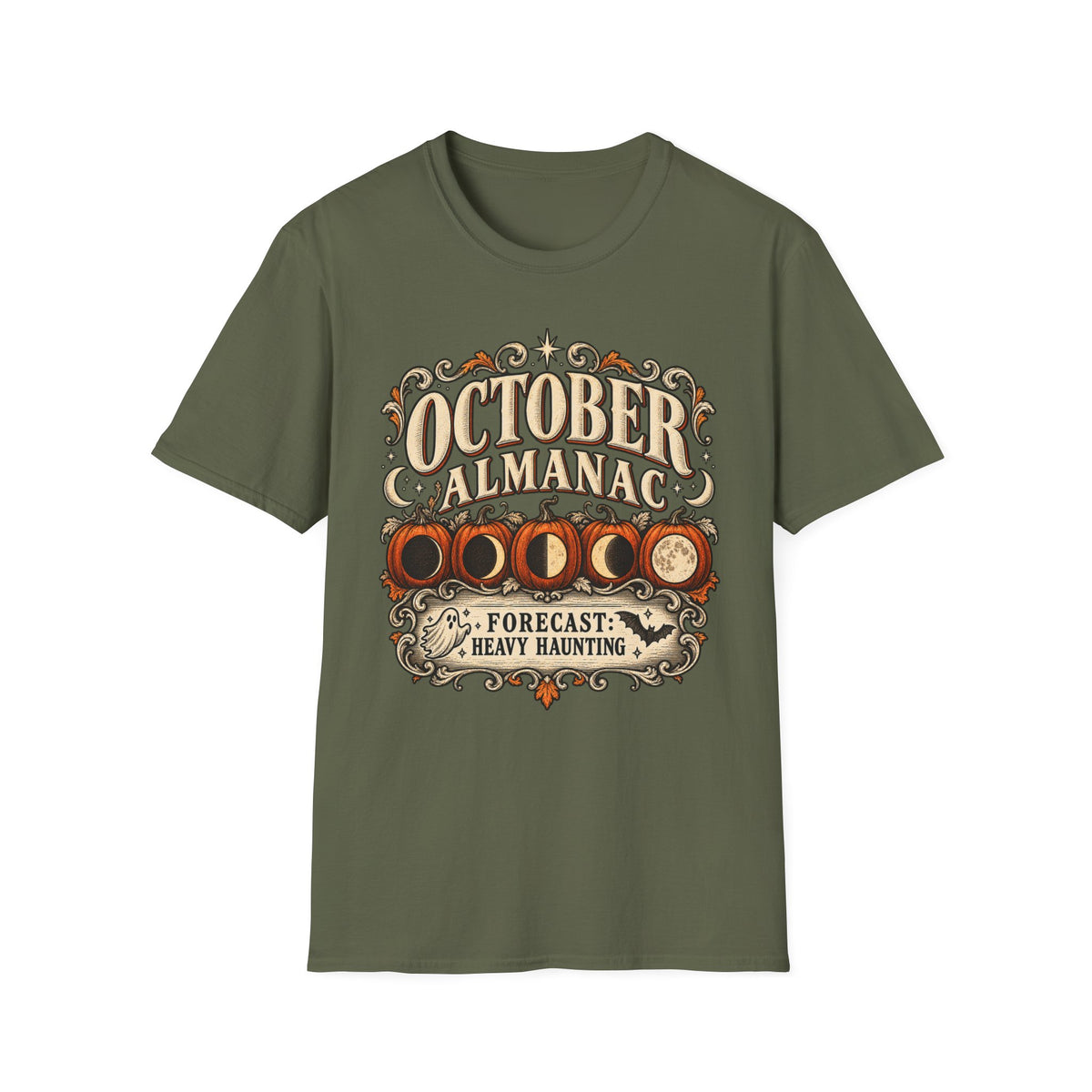 October Almanac T-Shirt — "Forecast: Heavy Haunting" Vintage Halloween Tee