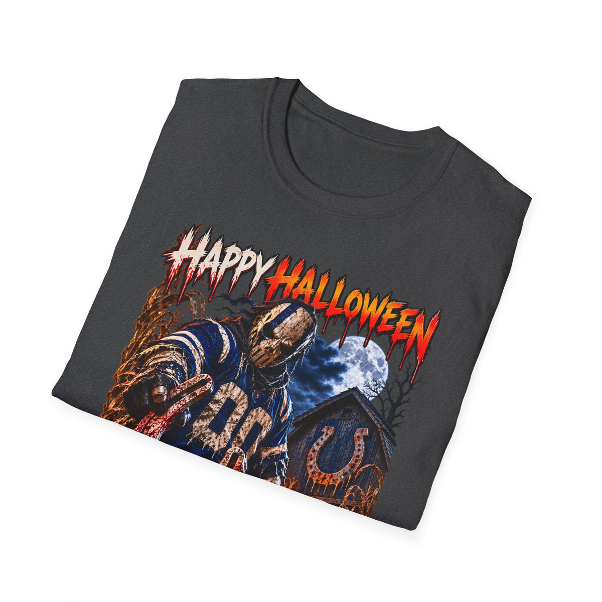 Halloween Scarecrow T-Shirt — "Happy Halloween" Cornfield Nightmare Tee