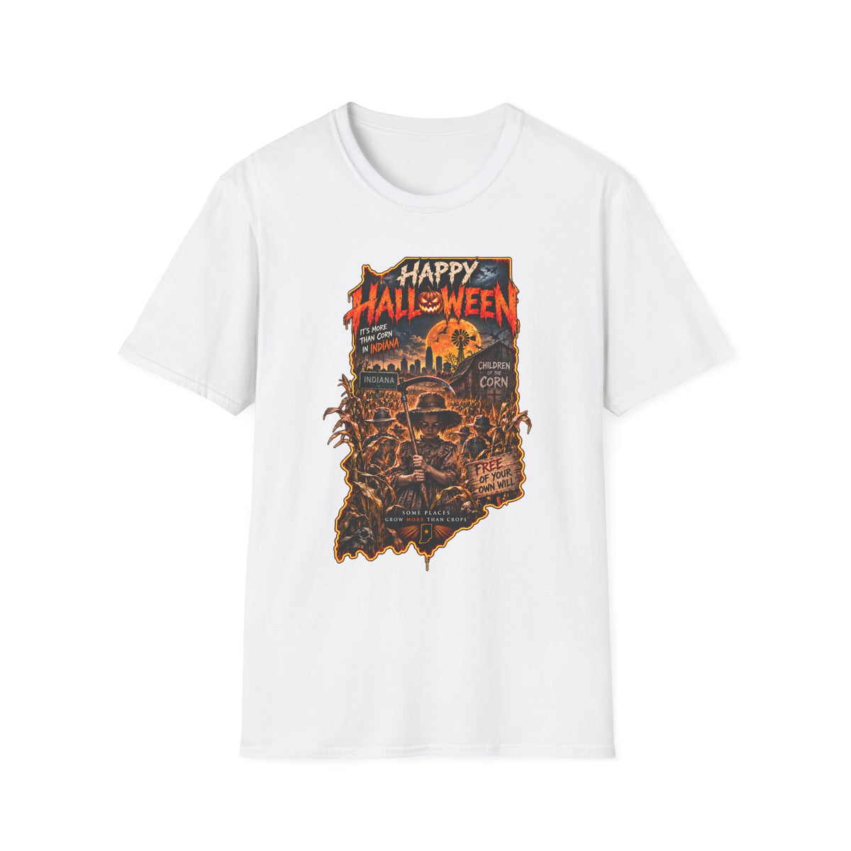 Happy Halloween Retro Tee — Moonlit Skull & Pumpkin Graveyard