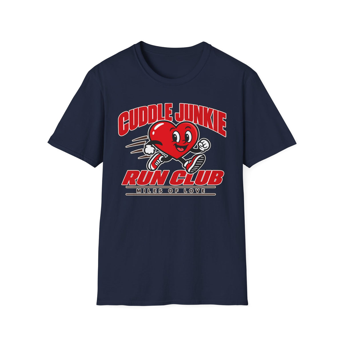 Cuddle Junkie Run Club T-Shirt — Retro Heart Runner Graphic Tee