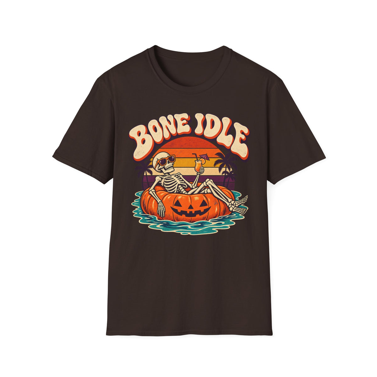 Bone Idle Skeleton Pumpkin T-Shirt — Retro Halloween Vacation Vibe