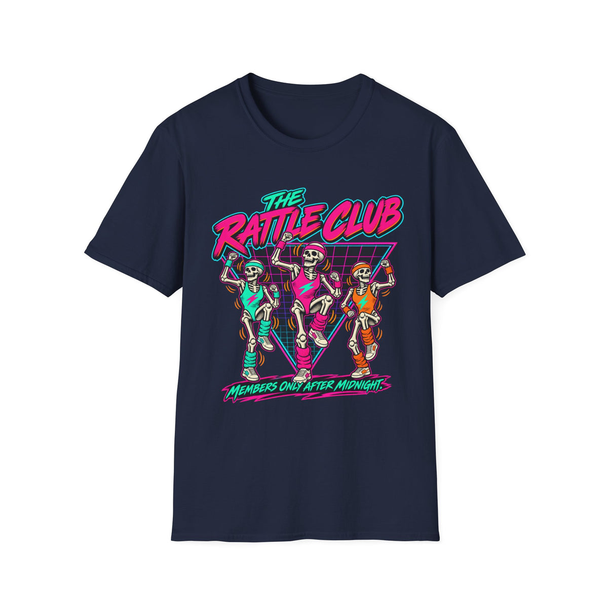 The Rattle Club T-Shirt — Retro Neon Skeletons "Members Only After Midnight"