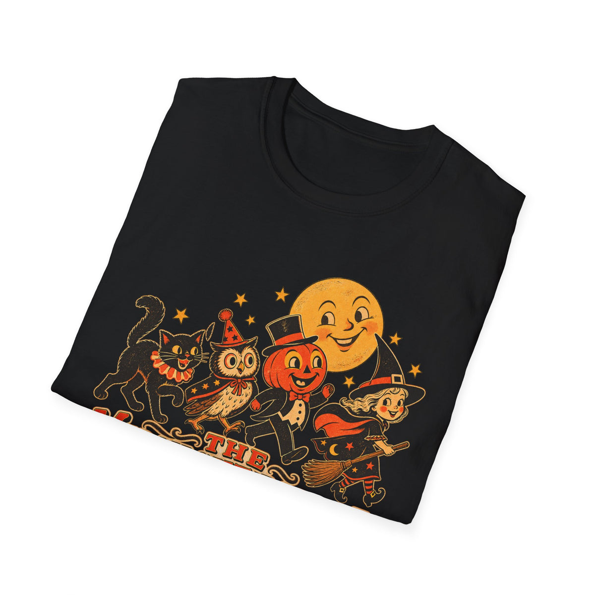 Midnight Parade Halloween T-Shirt — Retro Pumpkin, Witch & Black Cat Graphic