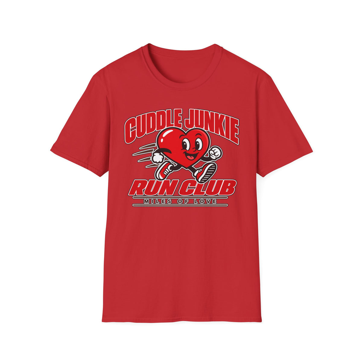 Cuddle Junkie Run Club T-Shirt — Retro Heart Runner Graphic Tee