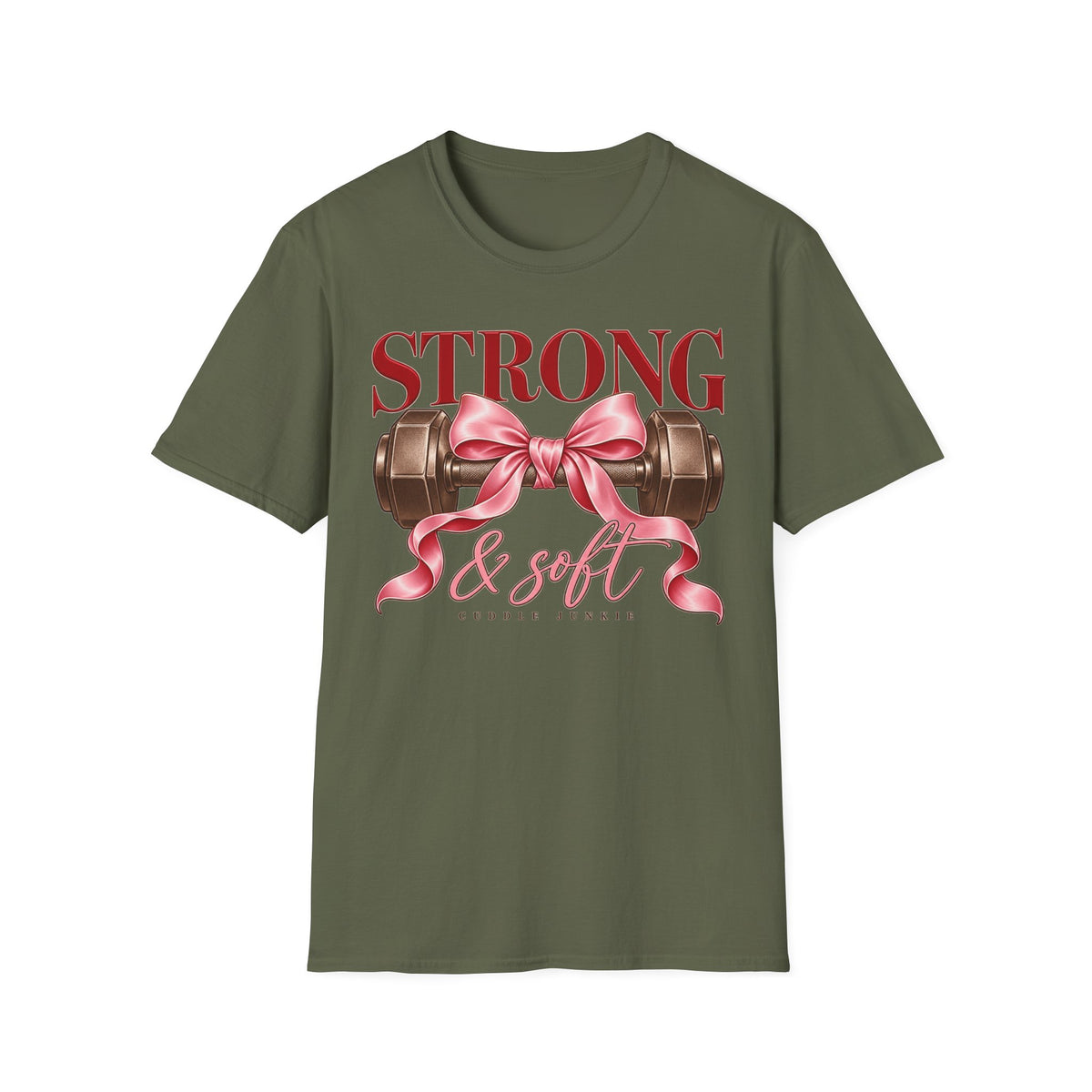 Strong & Soft T-Shirt — Dumbbell Graphic with Pink Ribbon (Fitness Gift)