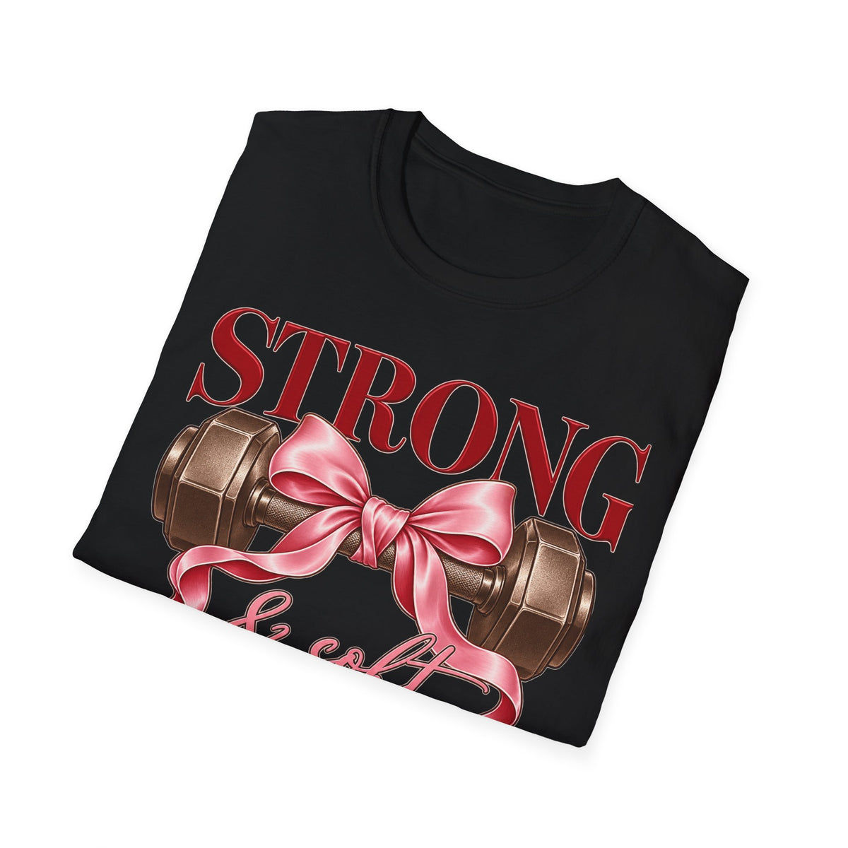 Strong & Soft T-Shirt — Dumbbell Graphic with Pink Ribbon (Fitness Gift)