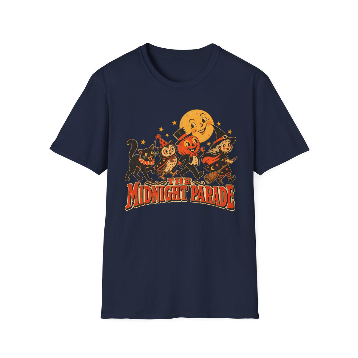 Midnight Parade Halloween T-Shirt — Retro Pumpkin, Witch & Black Cat Graphic