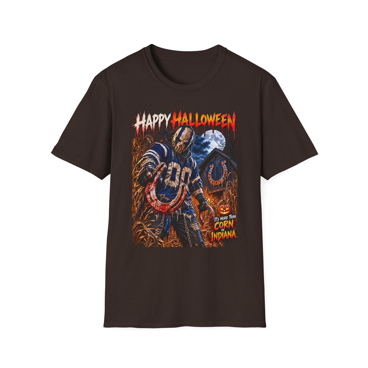 Halloween Scarecrow T-Shirt — "Happy Halloween" Cornfield Nightmare Tee