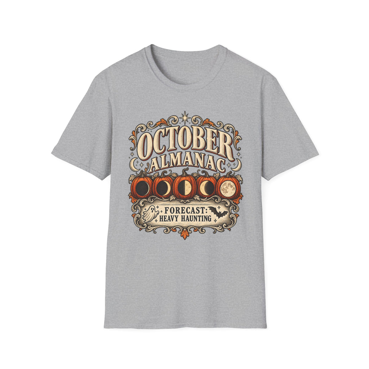 October Almanac T-Shirt — "Forecast: Heavy Haunting" Vintage Halloween Tee